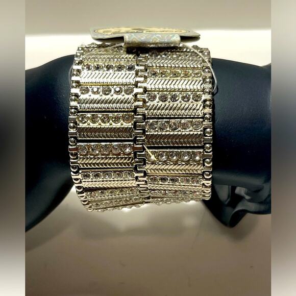 El Dorado silver tone pave rhinestone bar stretch cuff bracelet NWT - Picture 1 of 6